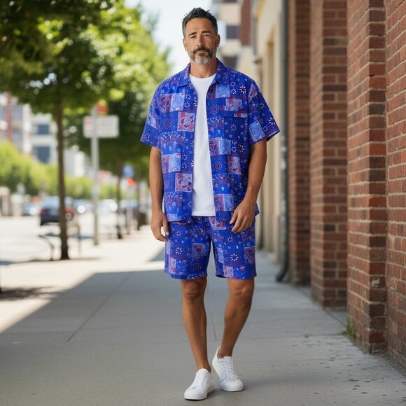 NWT Dogg Supply By Snoop Dogg Mens Set Blue Stretch Woven Shirt & Shorts Size XL - Picture 2 of 16